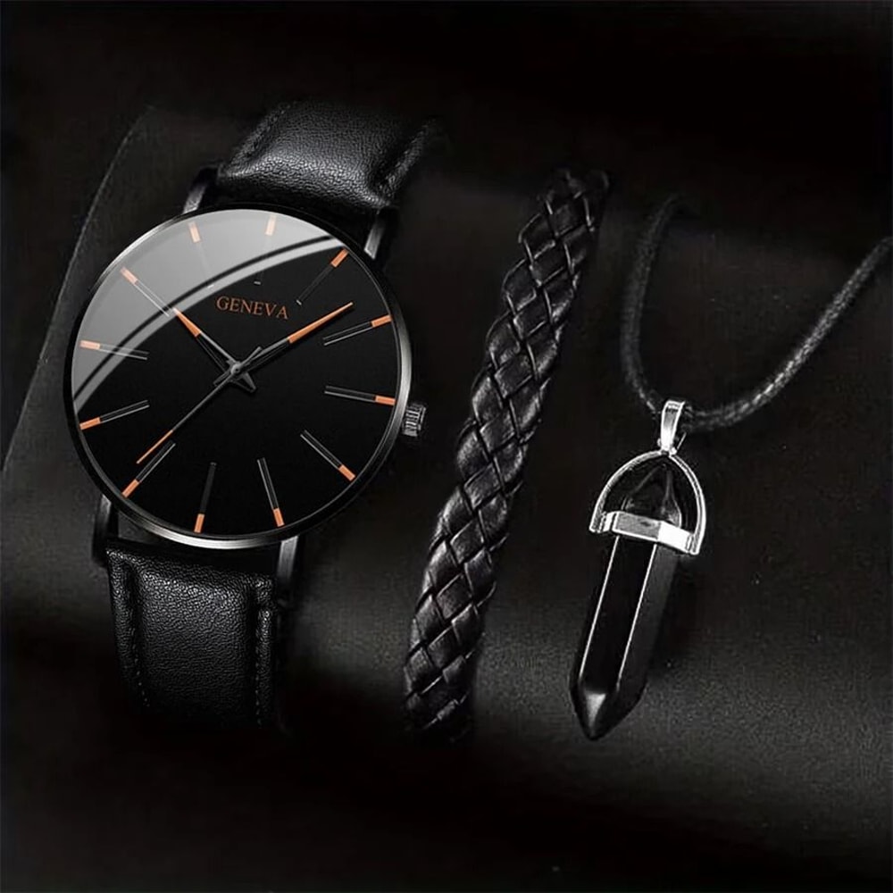 3Piece Mens Business Accessory Set Classic Leather Watch Bracelet Necklace 10