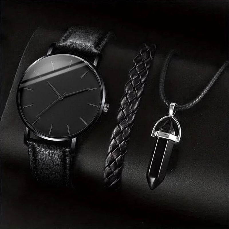 3Piece Mens Business Accessory Set Classic Leather Watch Bracelet Necklace 7