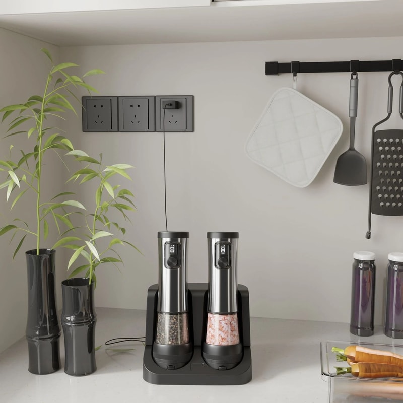 Rechargeable Electric Salt Pepper Grinder Set Dual Charging Base LED Display 3