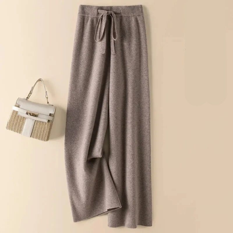 Thick Warm Knitted Casual Pants Chic Elastic High Waist Straight Trousers 0