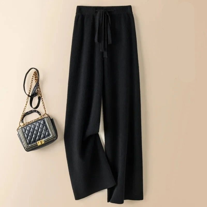 Thick Warm Knitted Casual Pants Chic Elastic High Waist Straight Trousers 1