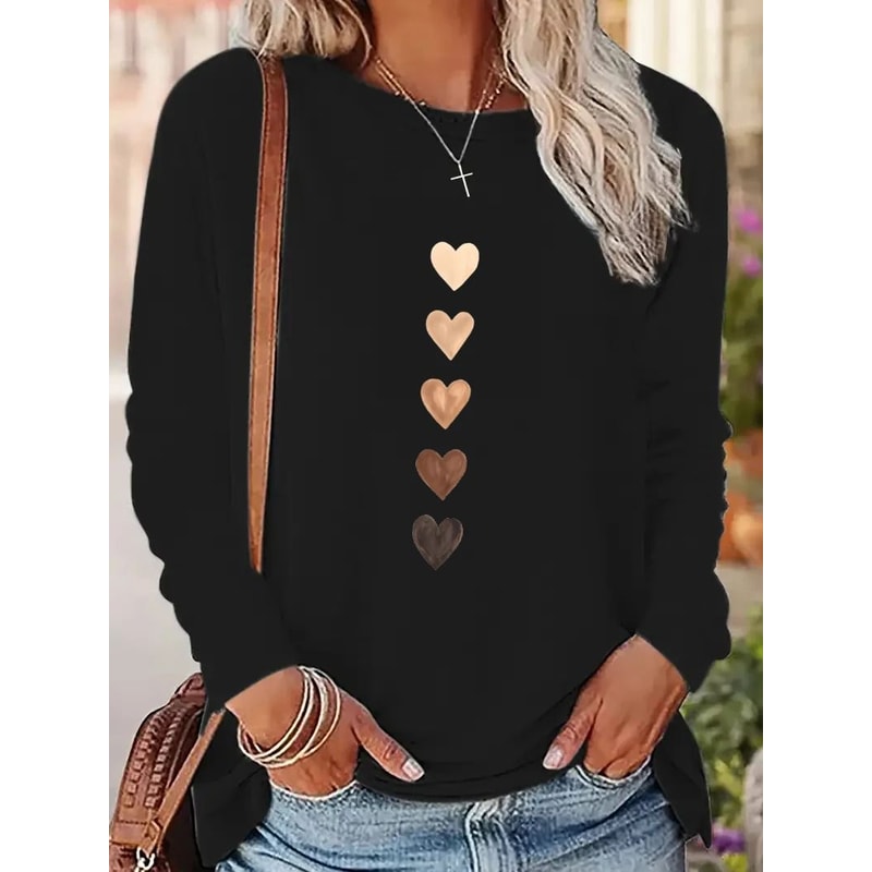 Y2K Vintage Love Heart Print Long Sleeve Shirt Casual Crew Neck Retro Tee 4