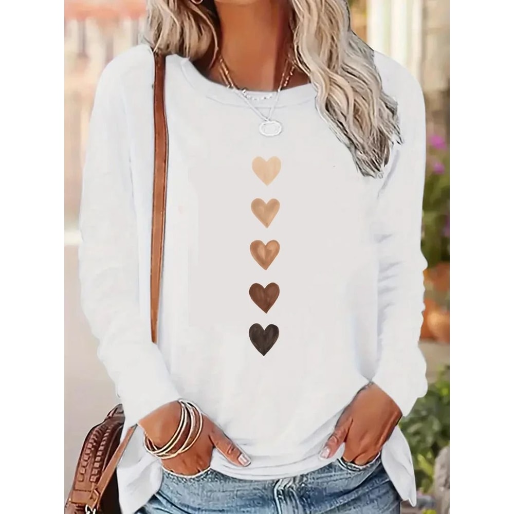 Y2K Vintage Love Heart Print Long Sleeve Shirt Casual Crew Neck Retro Tee 5