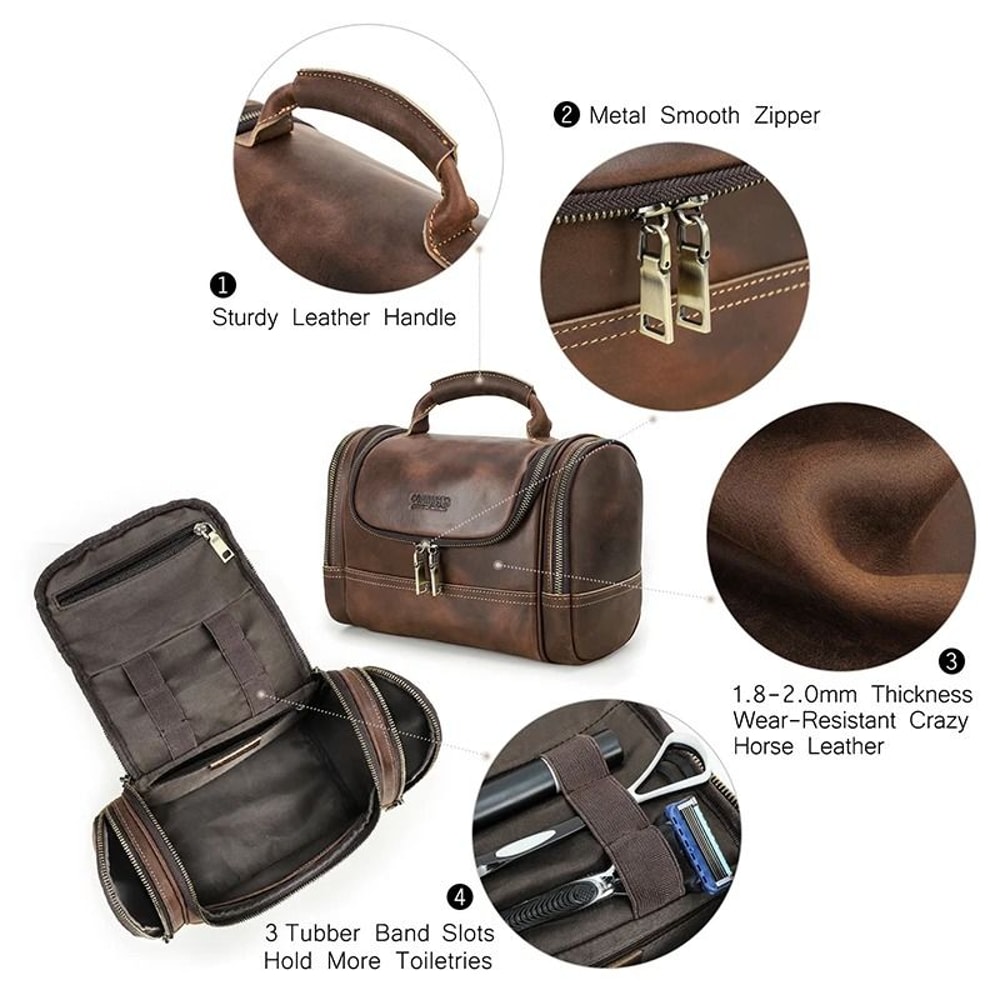 Genuine Leather Mens Business Travel Toiletry Bag Crazy Horse Leather Wash Cosmetics Organizer 4