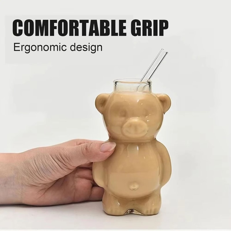 Cartoon Bear Glass Mug 108 Oz Creative Transparent Cup With Straw 6