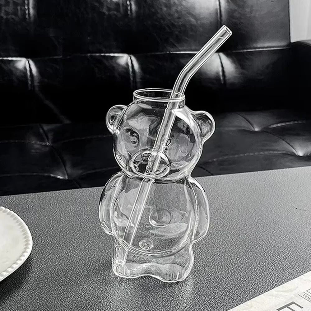 Cartoon Bear Glass Mug 108 Oz Creative Transparent Cup With Straw 8