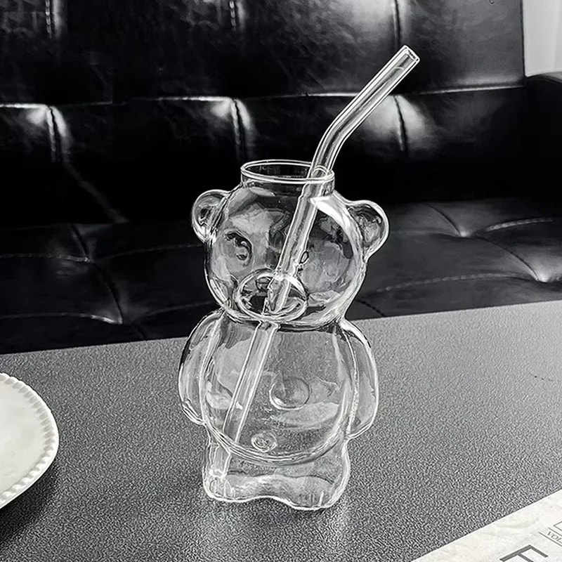 Cartoon Bear Glass Mug 108 Oz Creative Transparent Cup With Straw 8