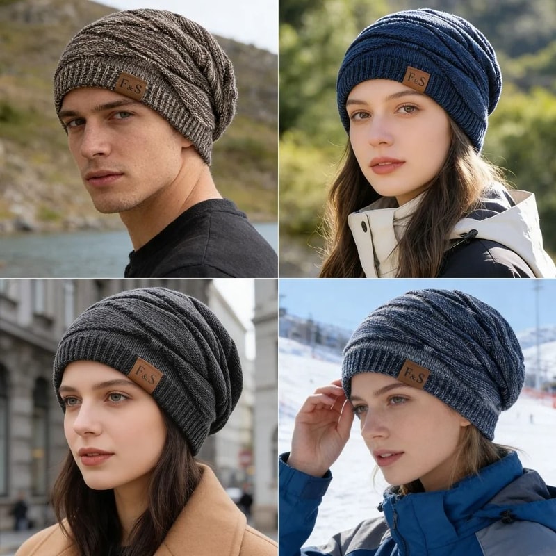 Unisex Slouchy Thermal Beanie FleeceLined Mixed Color Winter Hat With Designer Label 6