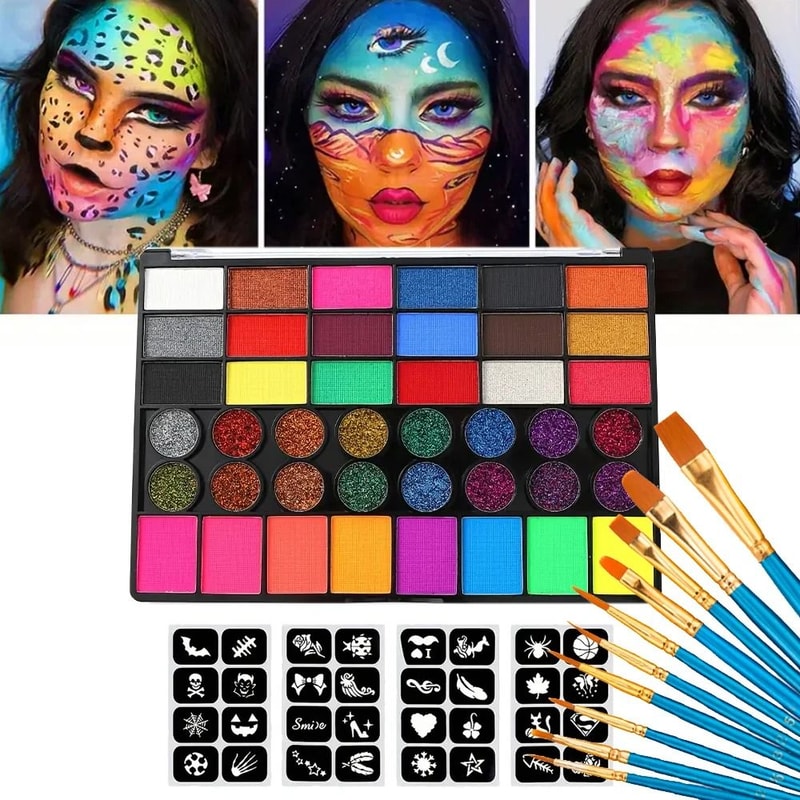 42Color Professional WaterSoluble Face Body Paint Palette UV Neon Glitter Classic Makeup Set 7