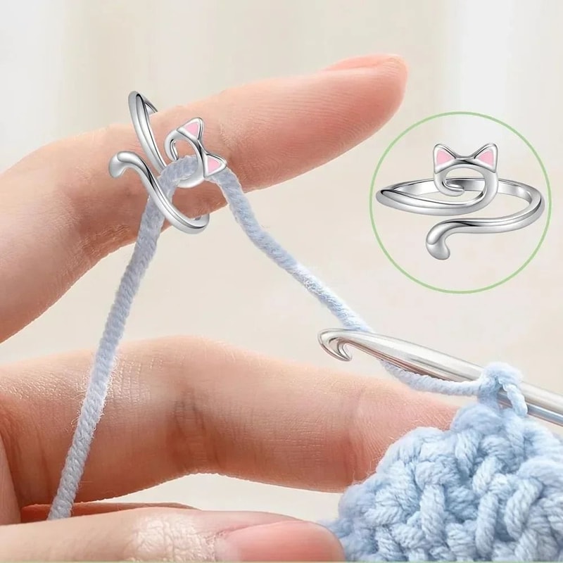 Adjustable Cute Cat Crochet Tension Ring Professional Yarn Guide Knitting Finger Holder 0