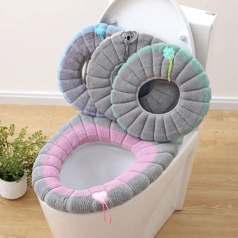 Cartoon Handle Plush Toilet Seat Cover Extra Thick Thermal Cushion For Winter Comfort 1