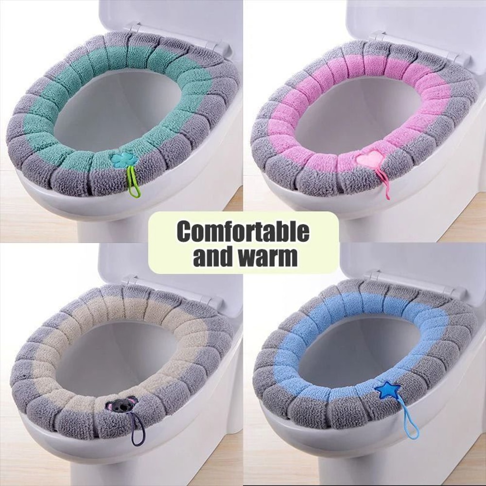 Cartoon Handle Plush Toilet Seat Cover Extra Thick Thermal Cushion For Winter Comfort 3