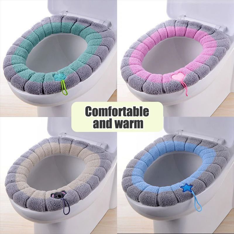 Cartoon Handle Plush Toilet Seat Cover Extra Thick Thermal Cushion For Winter Comfort 3