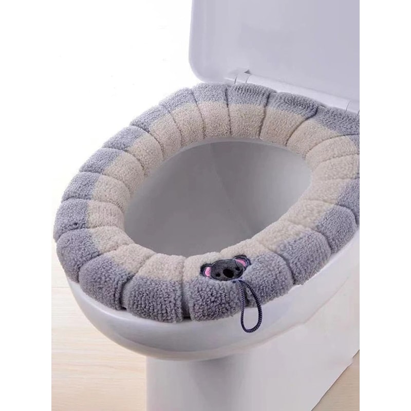 Cartoon Handle Plush Toilet Seat Cover Extra Thick Thermal Cushion For Winter Comfort 8