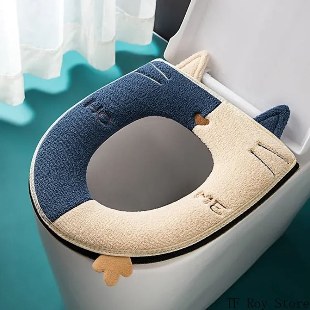 Universal Cartoon Cat Plush Toilet Mat Thicken Thermal Cushion With Hygienic Lifting Handle 9