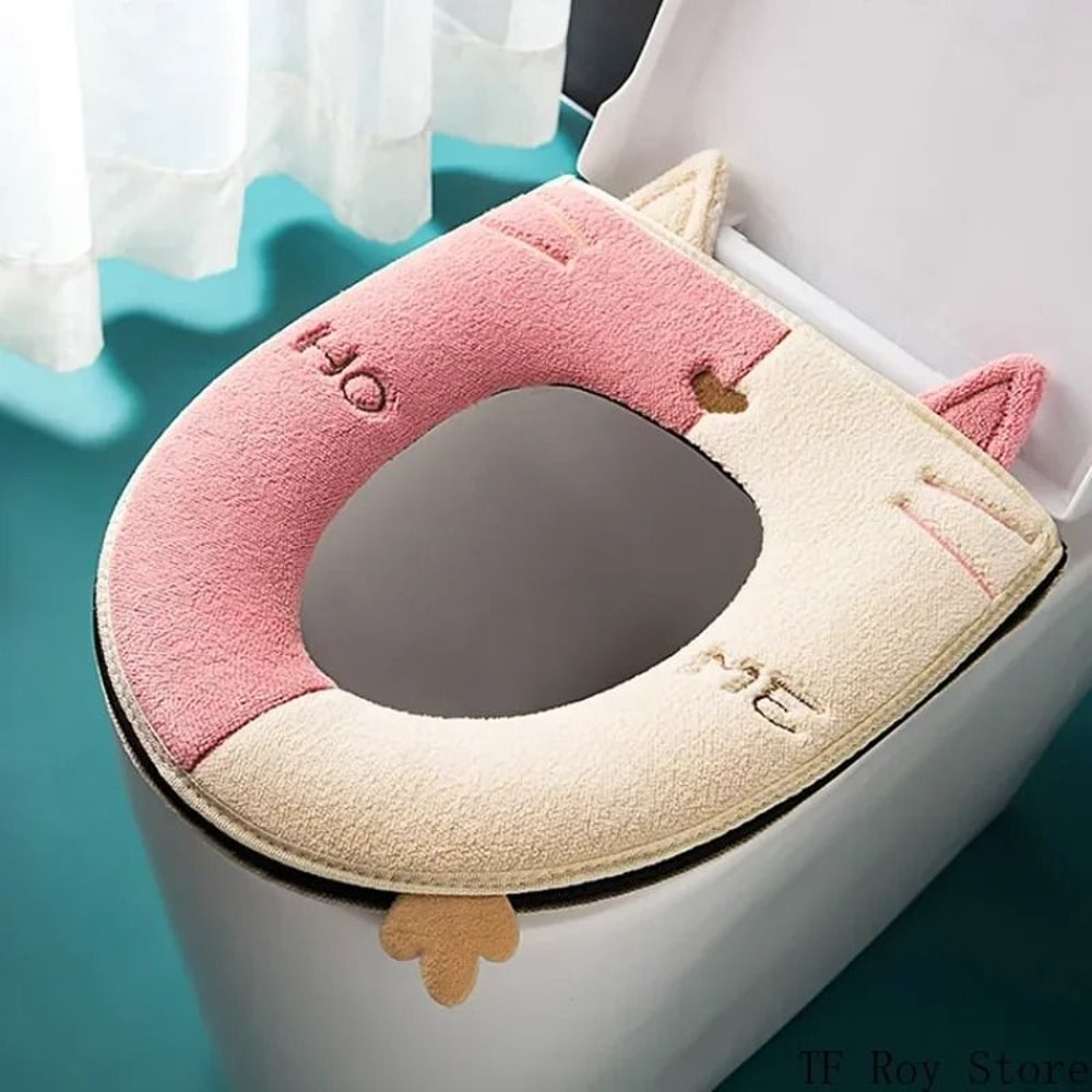 Universal Cartoon Cat Plush Toilet Mat Thicken Thermal Cushion With Hygienic Lifting Handle 10