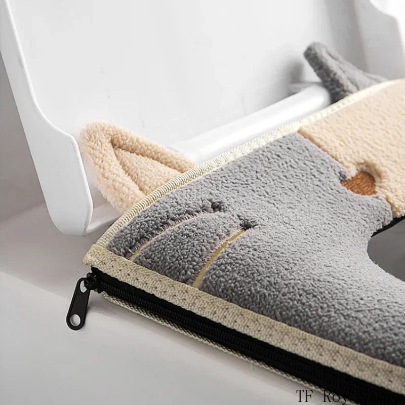 Universal Cartoon Cat Plush Toilet Mat Thicken Thermal Cushion With Hygienic Lifting Handle 3