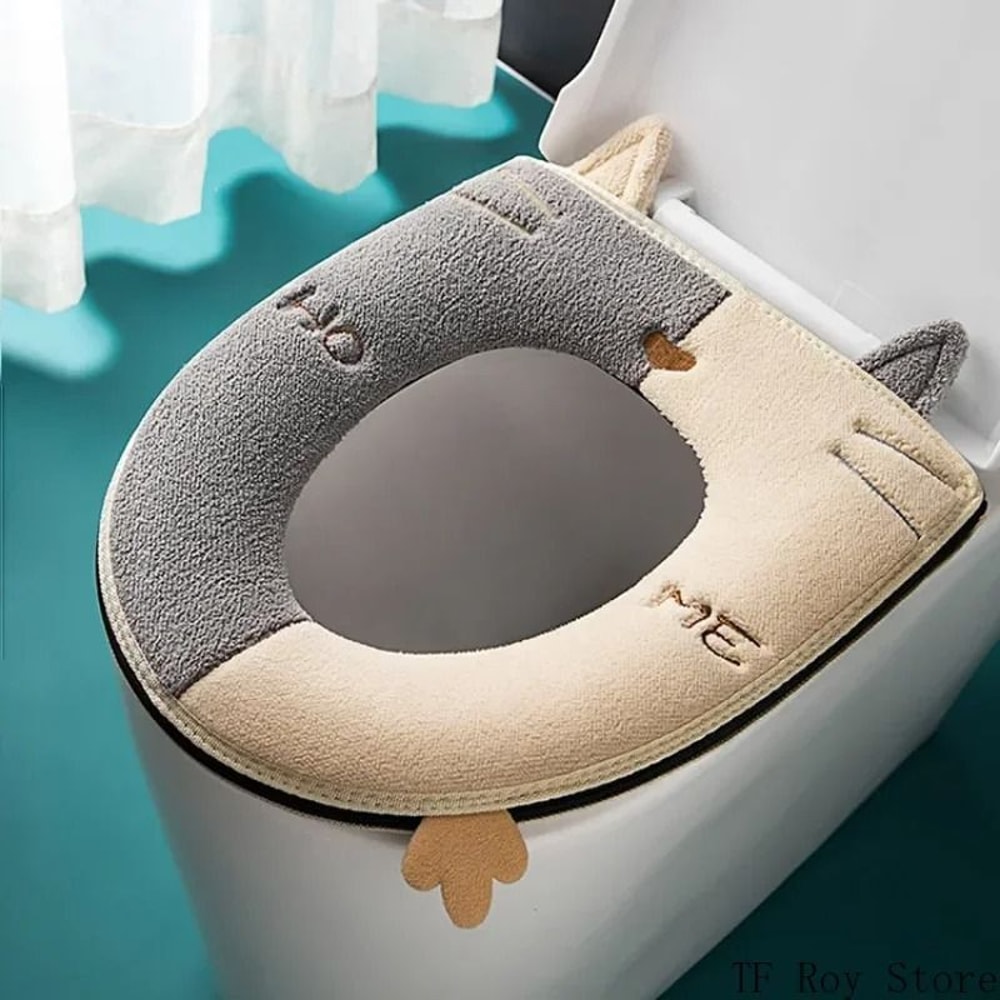 Universal Cartoon Cat Plush Toilet Mat Thicken Thermal Cushion With Hygienic Lifting Handle 6