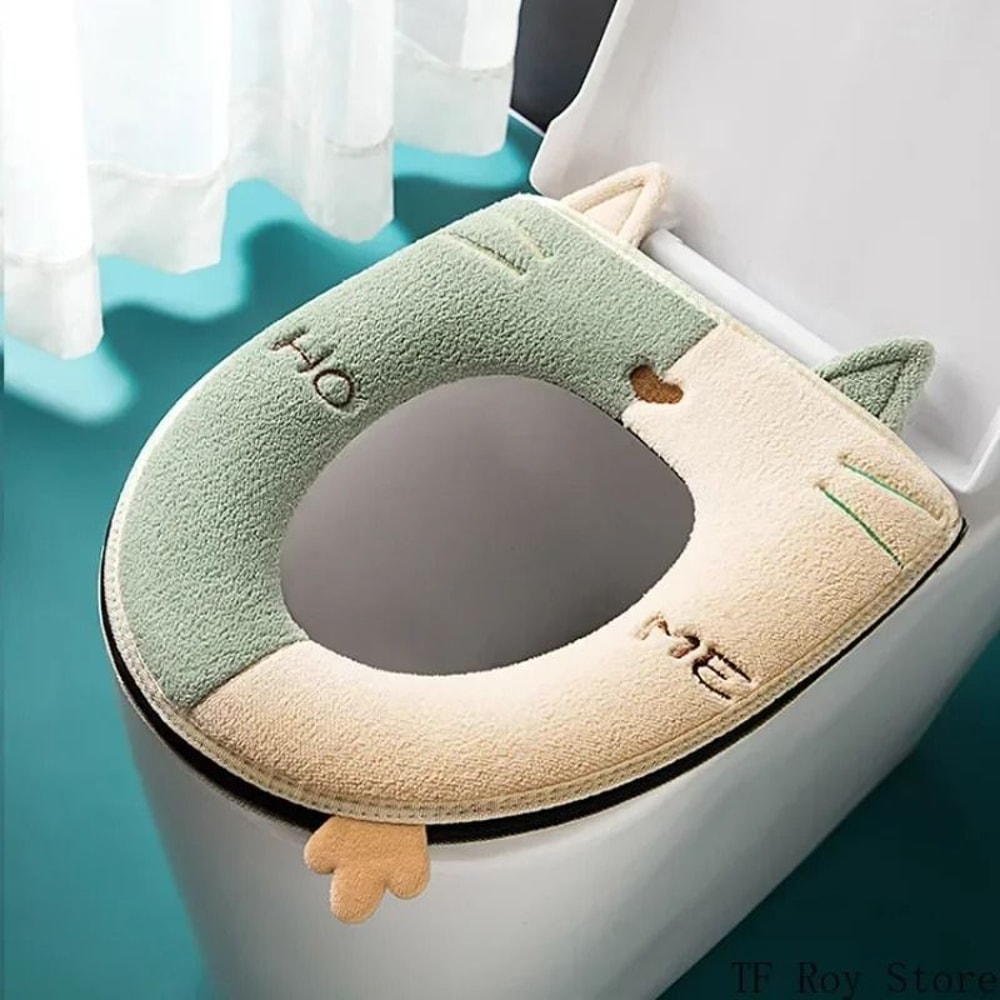 Universal Cartoon Cat Plush Toilet Mat Thicken Thermal Cushion With Hygienic Lifting Handle 8