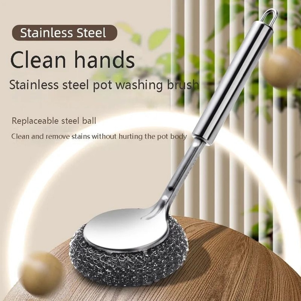 Stainless Steel Wire Ball Brush Long Handle Pot Sink Scrubber 0