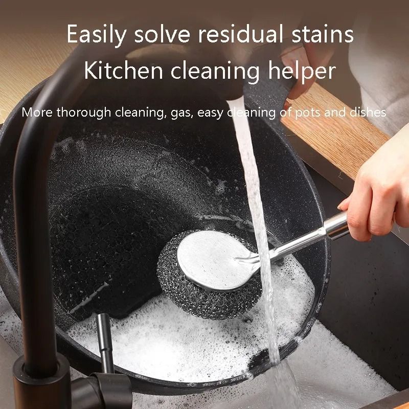 Stainless Steel Wire Ball Brush Long Handle Pot Sink Scrubber 1