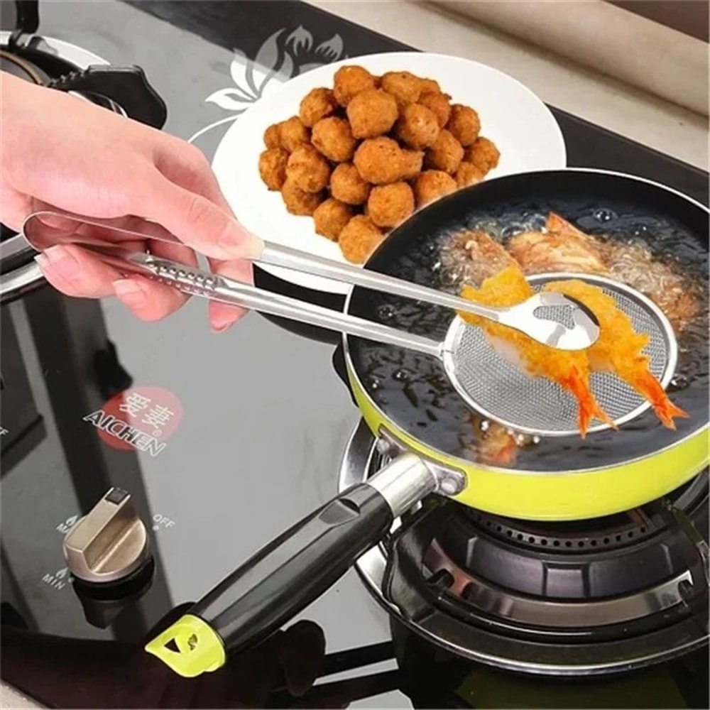 Stainless Steel Filter Spoon With Integrated Clip MultiFunctional OilFrying Skimmer BBQ Tongs 0