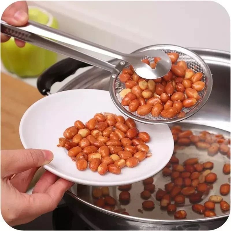 Stainless Steel Filter Spoon With Integrated Clip MultiFunctional OilFrying Skimmer BBQ Tongs 2