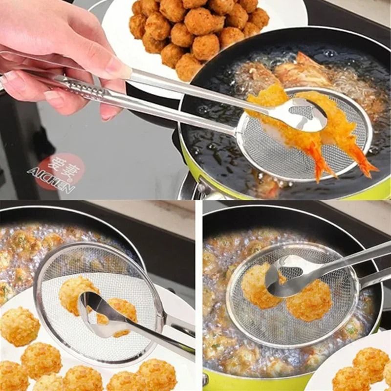 Stainless Steel Filter Spoon With Integrated Clip MultiFunctional OilFrying Skimmer BBQ Tongs 3