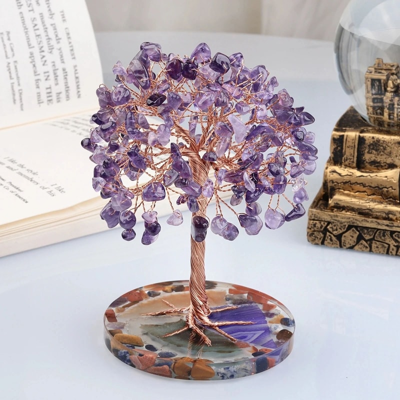Super Mini Crystal Money Tree Healing Gemstone Decor With Agate Slice Base 0