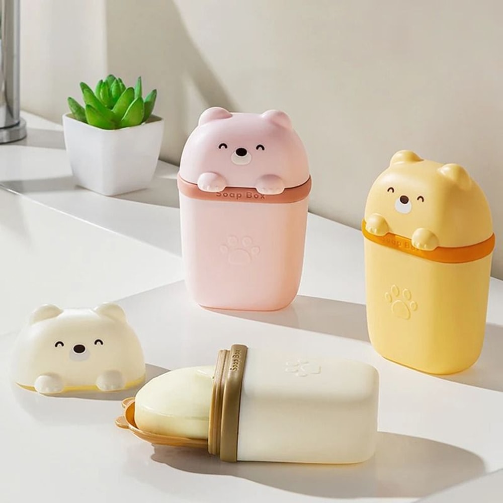 Cartoon Bear Portable Soap Dish Waterproof Sealed Travel Storage Box 2
