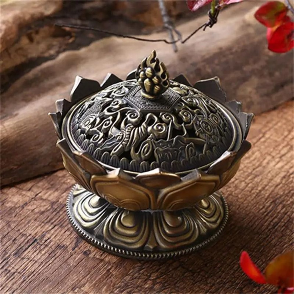 31in Lotus Flower Incense Burner Brass Aesthetic Buddhism Buddha Holder 0