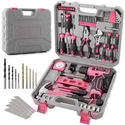133pc power tool set with 8v lithium drill – pink home repair toolbox & precision bit kit