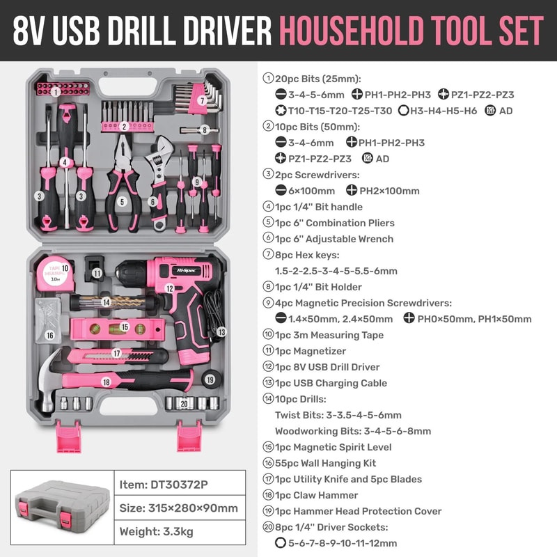 133PC Power Tool Set With 8V Lithium Drill Pink Home Repair Toolbox Precision Bit Kit 5