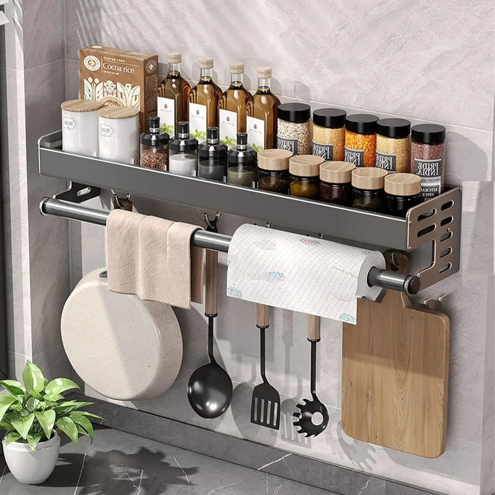 WallMount Utensil Spice Organizer Multifunctional Kitchen Hanging Storage Shelf With Hooks 0
