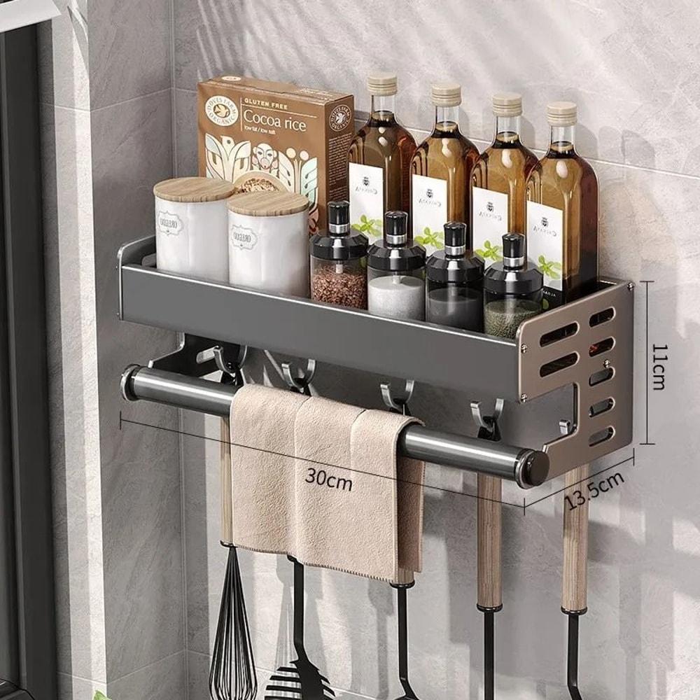 WallMount Utensil Spice Organizer Multifunctional Kitchen Hanging Storage Shelf With Hooks 6
