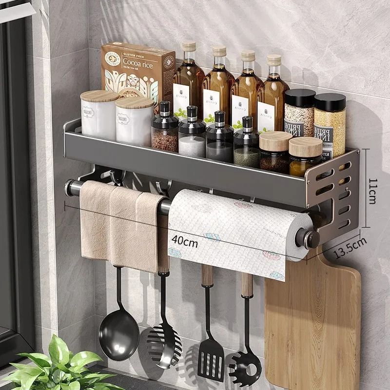 WallMount Utensil Spice Organizer Multifunctional Kitchen Hanging Storage Shelf With Hooks 7