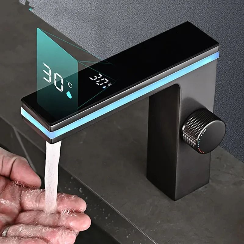 Digital Display Bathroom Basin Faucet Intelligent LED Brass DeckMounted Hot Cold Mixer Tap 0