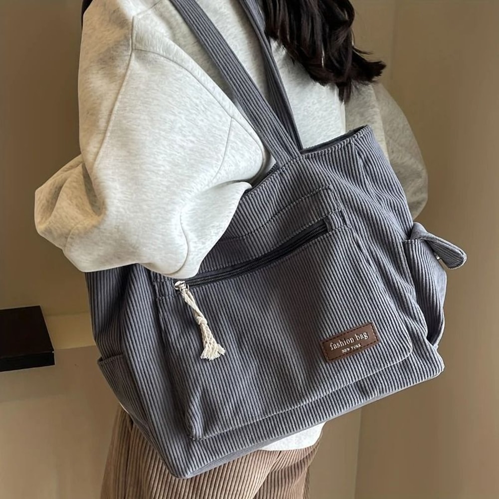 Simple Corduroy Retro MultiPocket Tote Bag 0