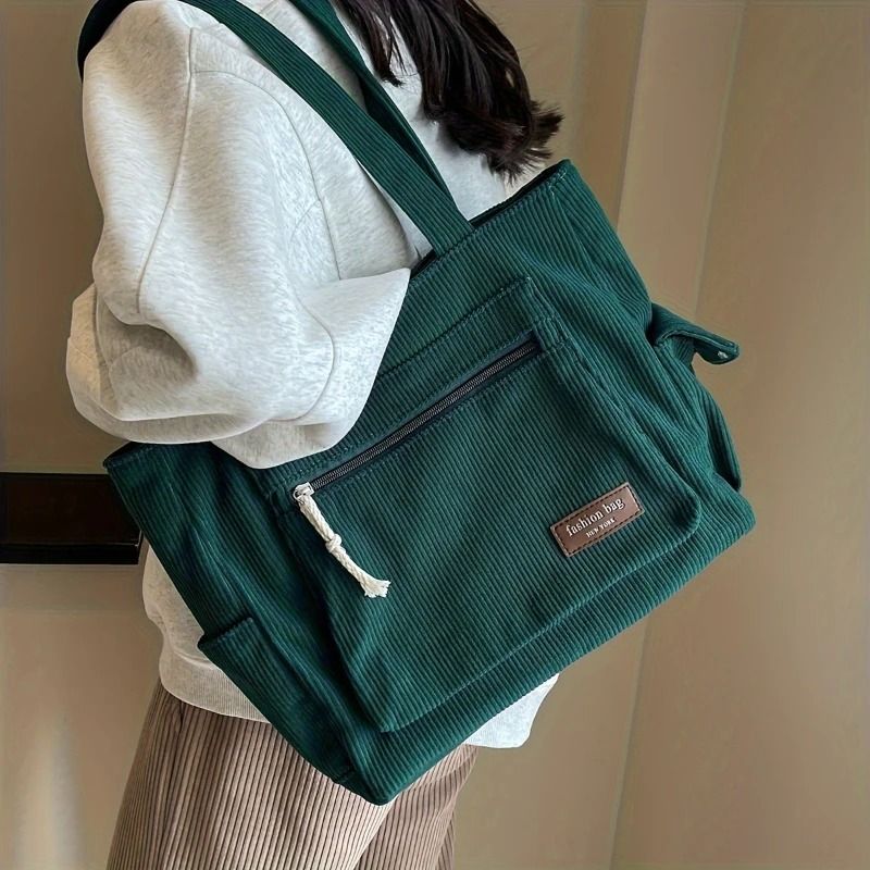 Simple Corduroy Retro MultiPocket Tote Bag 3