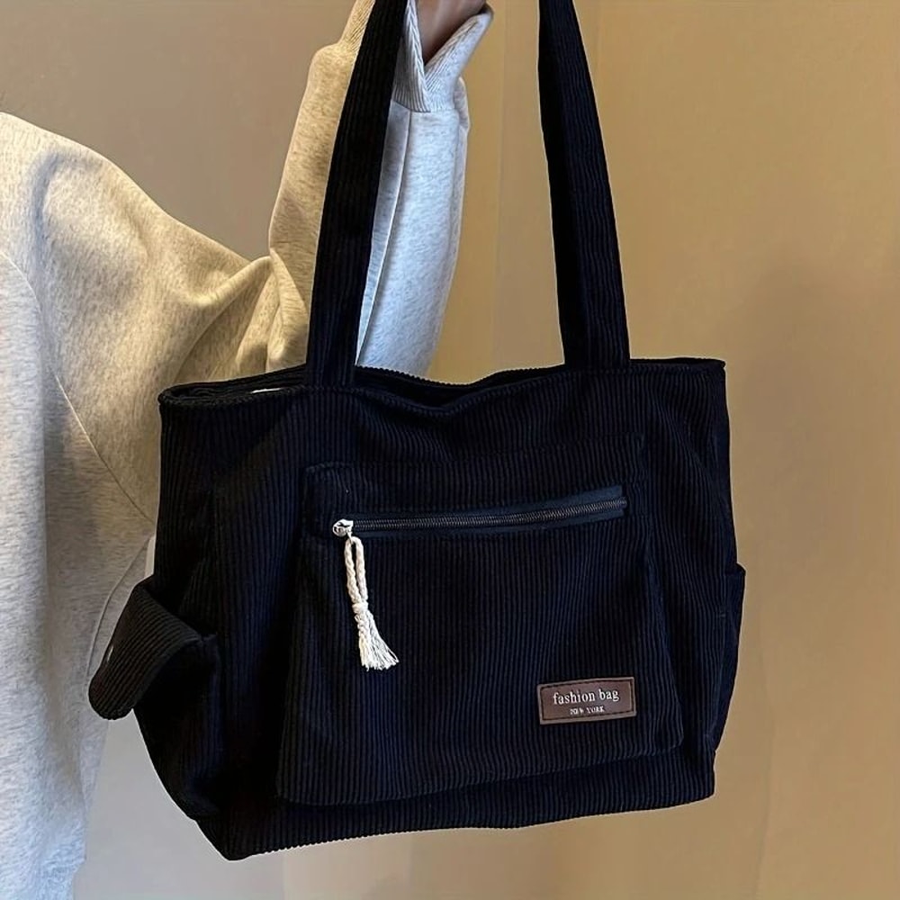 Simple Corduroy Retro MultiPocket Tote Bag 6