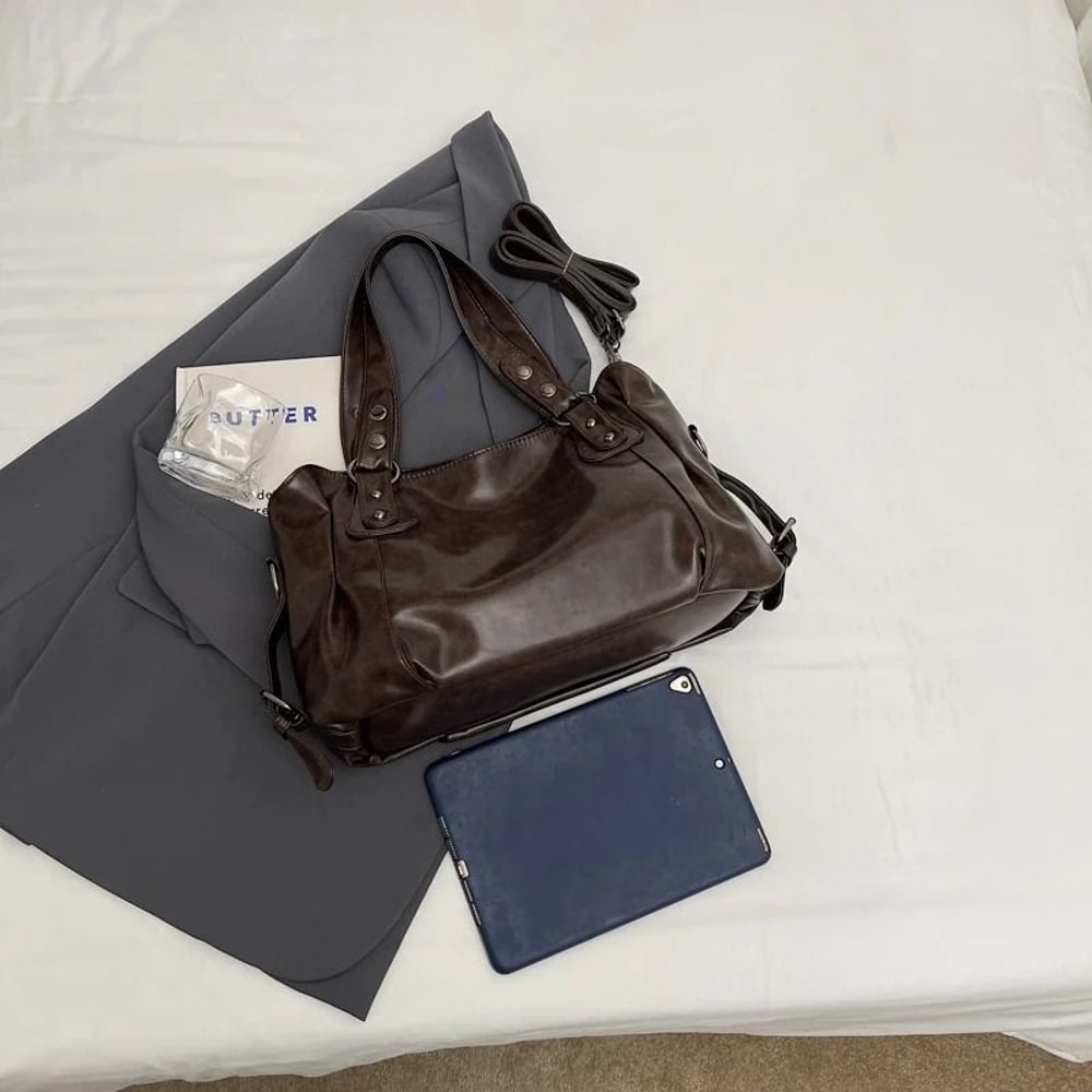 Womens Pure Color PU Retro LargeCapacity Tote 2