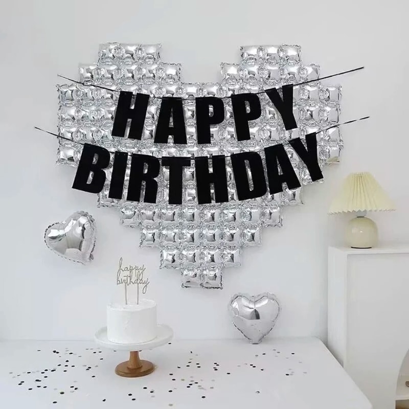 Happy Birthday Decorations Oversized Silver Mosaic Heart Glitter Banner 5