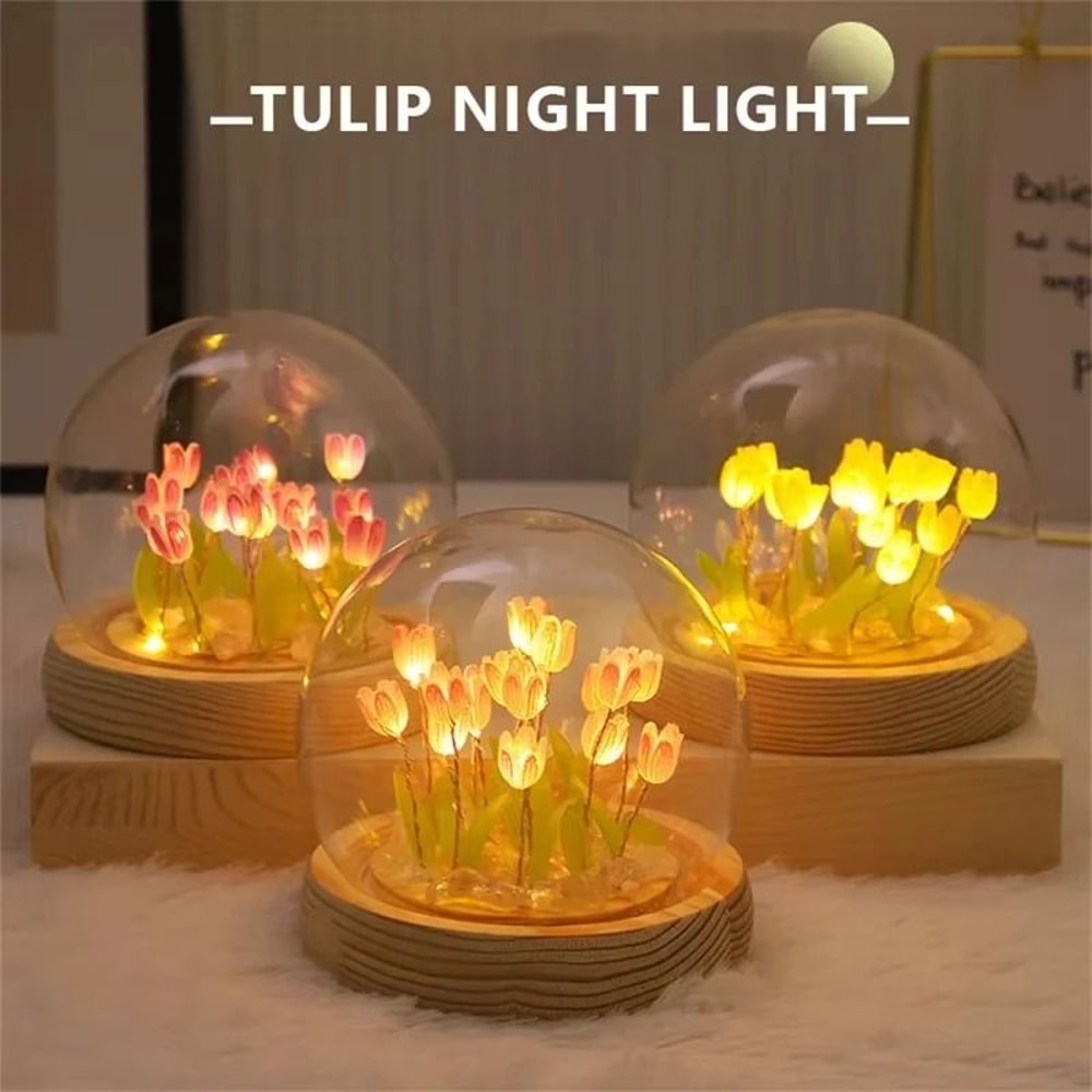 Handmade Tulip Garden LED Night Light With Glass Dome 0