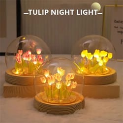 handmade tulip garden led night light with glass dome