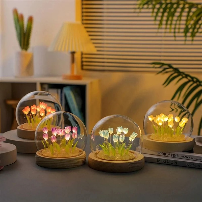 Handmade Tulip Garden LED Night Light With Glass Dome 1