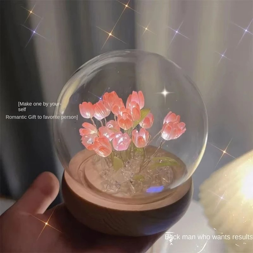 Handmade Tulip Garden LED Night Light With Glass Dome 2