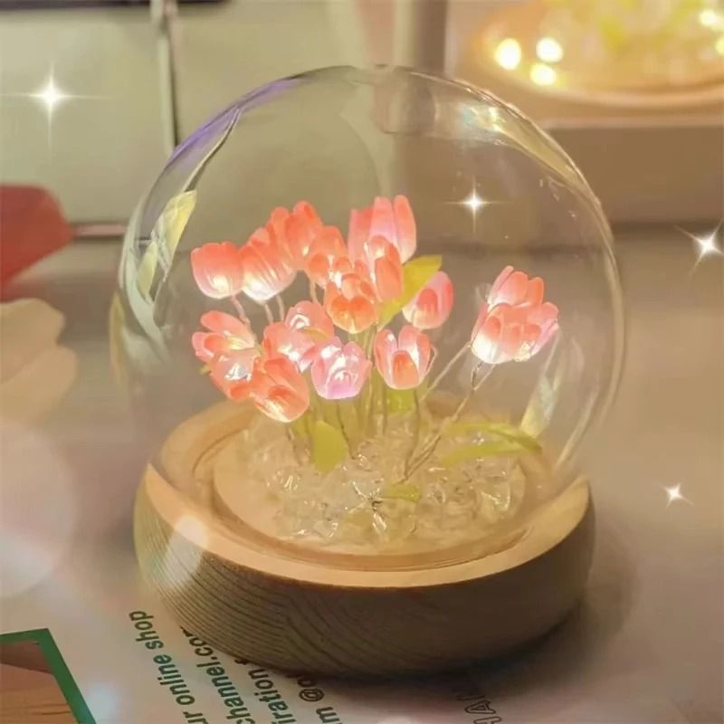 Handmade Tulip Garden LED Night Light With Glass Dome 5