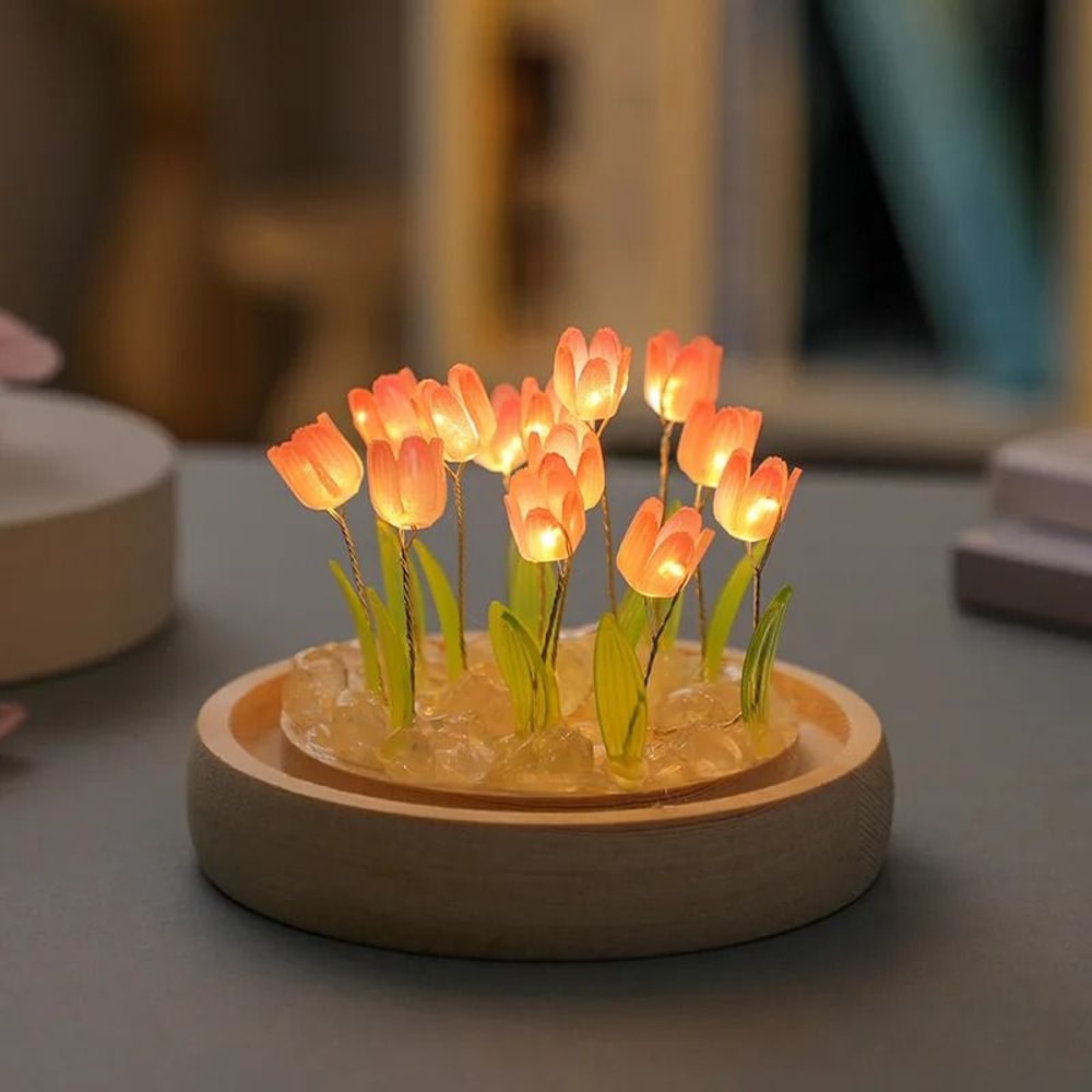 Handmade Tulip Garden LED Night Light With Glass Dome 6