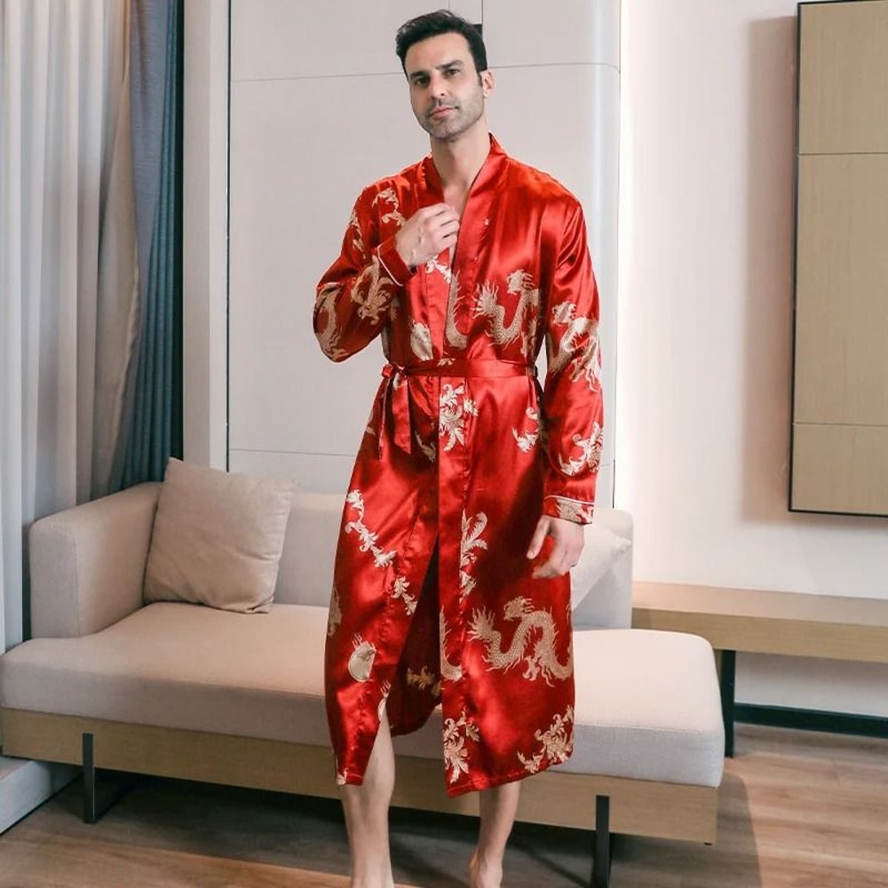 Mens Ice Silk LongSleeved Bathrobe Lightweight Spring Autumn Sleepwear 3