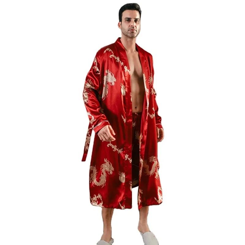 Mens Ice Silk LongSleeved Bathrobe Lightweight Spring Autumn Sleepwear 5